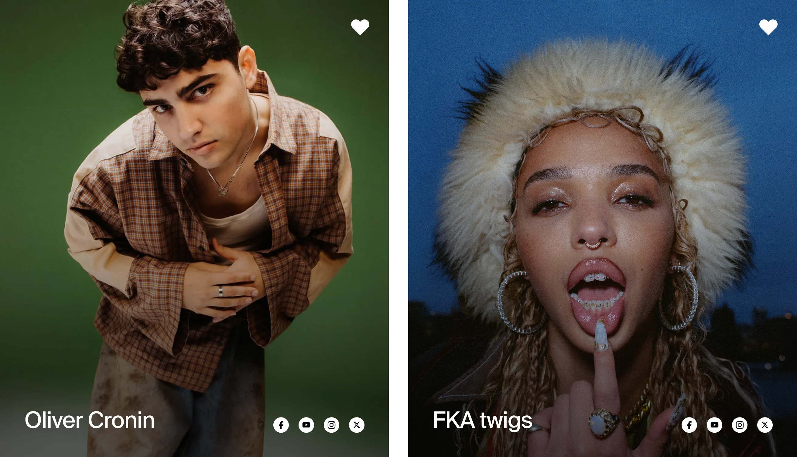 Split image: On the left, a young man with dark curly hair in plaid shirt leans forward against a green background. On the right, a woman with facial piercings and a furry hat poses with her finger on her lip against a blue backdrop.
