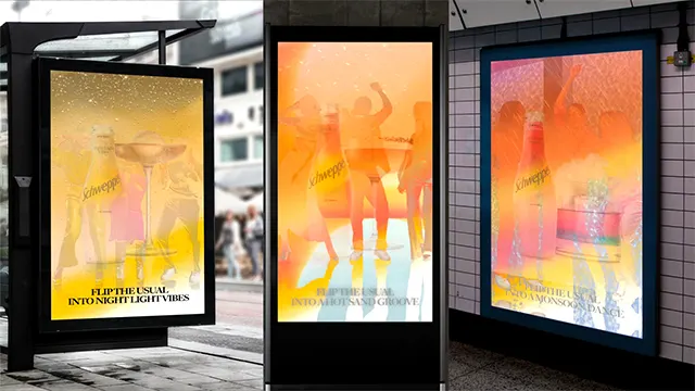Three illuminated advertisements feature Schweppes bottles and glasses, overlaid with silhouettes of people dancing and celebrating in bright yellow and orange tones, with the slogan: Flip the usual into night light vibes.