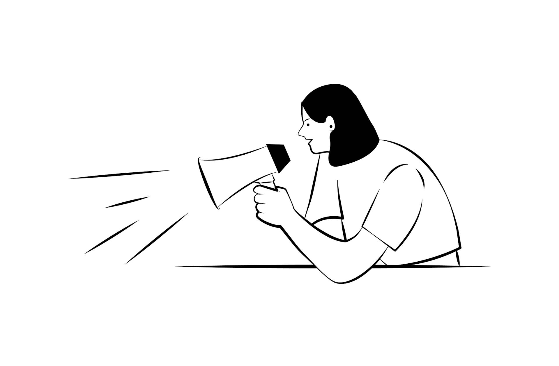 A woman with straight hair holds a megaphone and speaks into it, with lines indicating sound coming out. The illustration is simple and black and white, with the woman shown in profile.