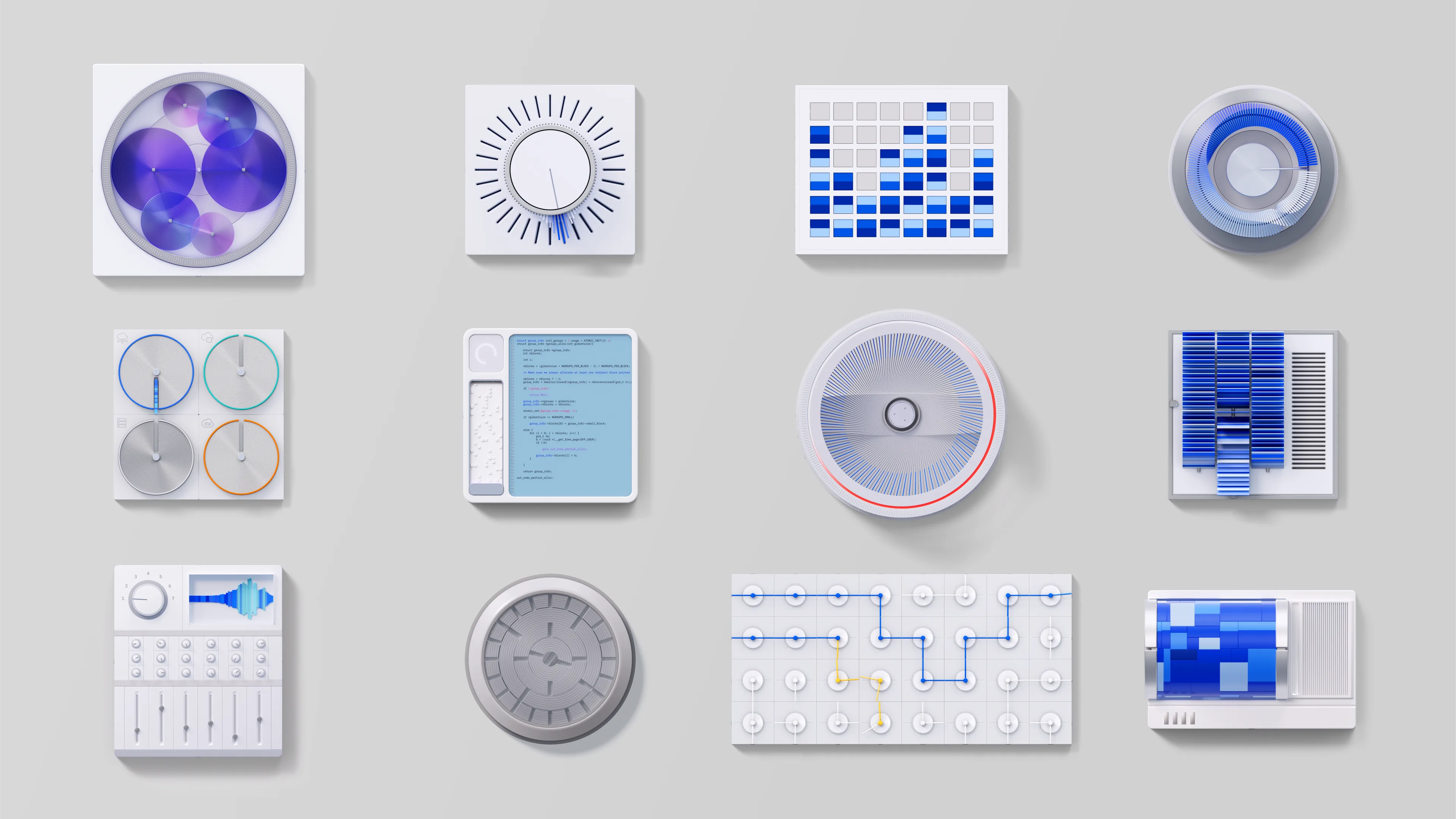 A grid of twelve abstract graphical user interfaces, each with various shapes, buttons, dials, sliders, and blue, purple, and grey digital elements on a light grey background.