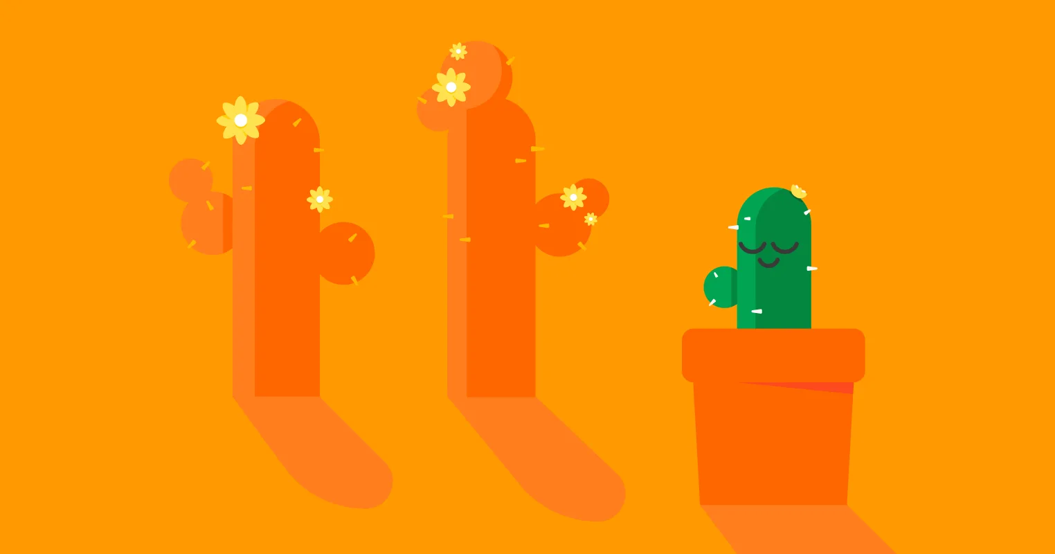 Two tall orange cacti with white flowers and long shadows stand beside a smaller green cactus in a pot, also with a flower, on an orange background.