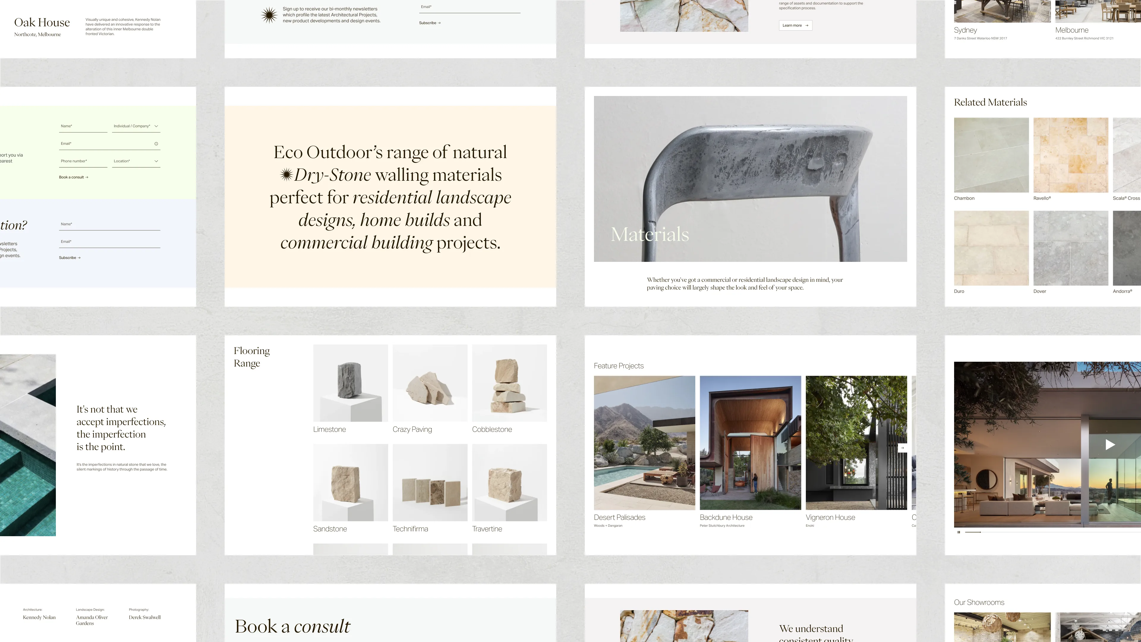 A collage of website pages showcasing stone materials, product images, descriptions, video previews, and consultation booking options in a clean, modern layout with neutral colors.