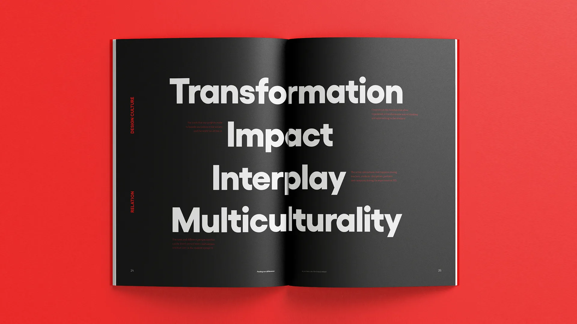 An open magazine on a red background displays bold white text on a black page reading: Transformation Impact Interplay Multiculturality.
