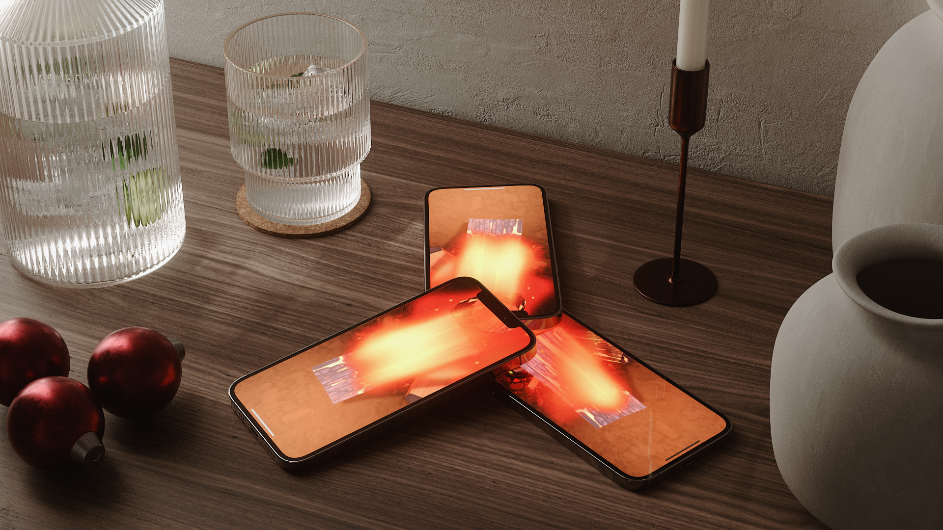 Three smartphones with fiery, glowing displays rest on a wooden table near a glass of water with mint, a carafe, two red ornaments, a white vase, and a lit candle in a brown holder.