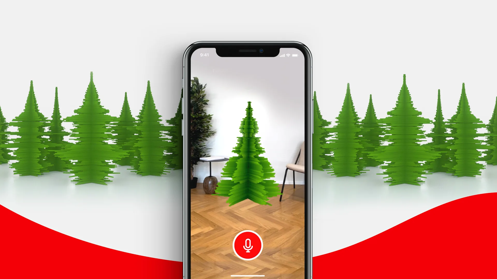 A smartphone displays an augmented reality green Christmas tree in a room, with stylized green trees in the background and a red wave design at the bottom of the image.