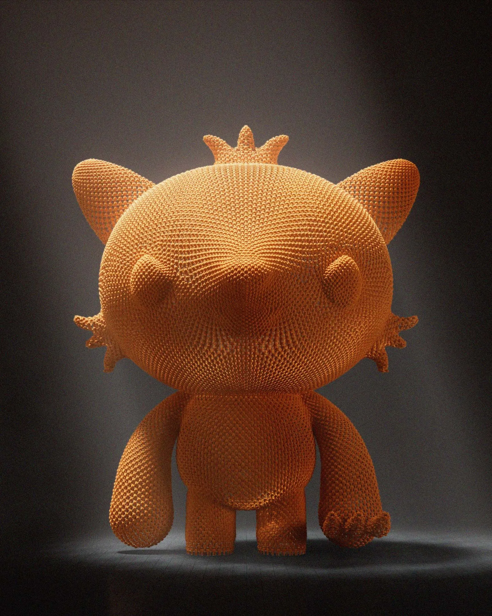 A stylized, orange, cat-like figure made entirely of small spheres stands under a spotlight, casting dramatic shadows on the floor. The character has big ears, a round body, and a spiky tuft on its head.