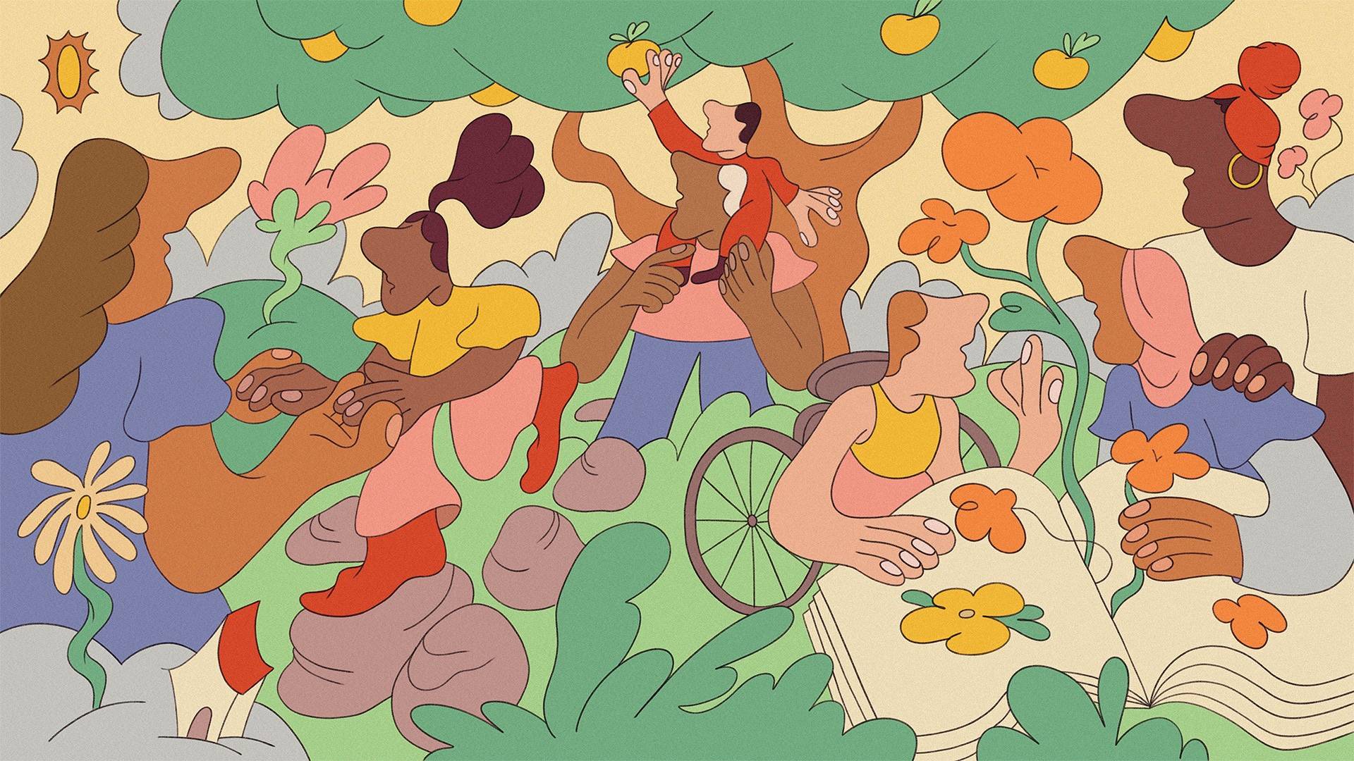 A colorful illustration of diverse people outdoors, some sitting or in a wheelchair, others picking apples from a tree, surrounded by flowers, plants, and clouds. The scene conveys inclusivity, nature, and community.
