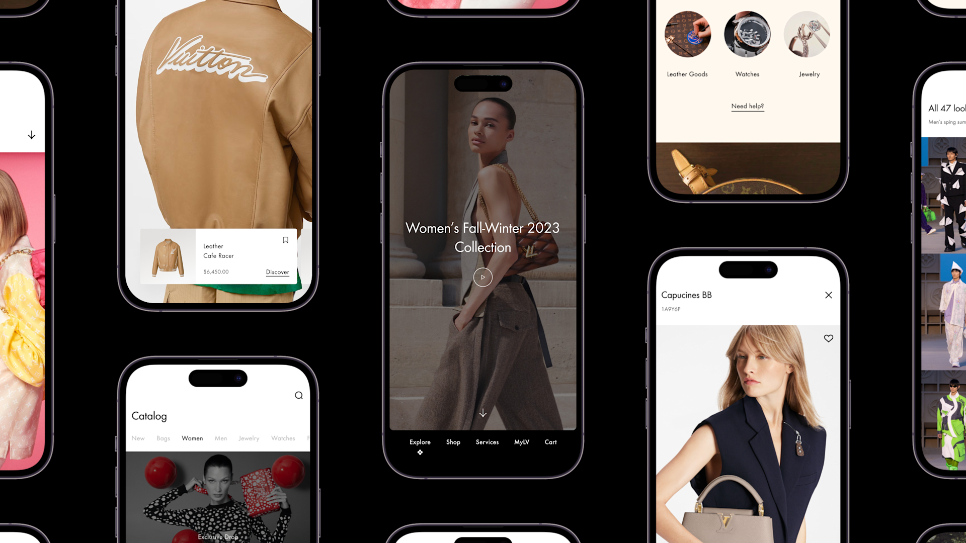 Multiple phones displaying different areas of the LV App, from a leather cafe racer to the women’s fall-winter collection.