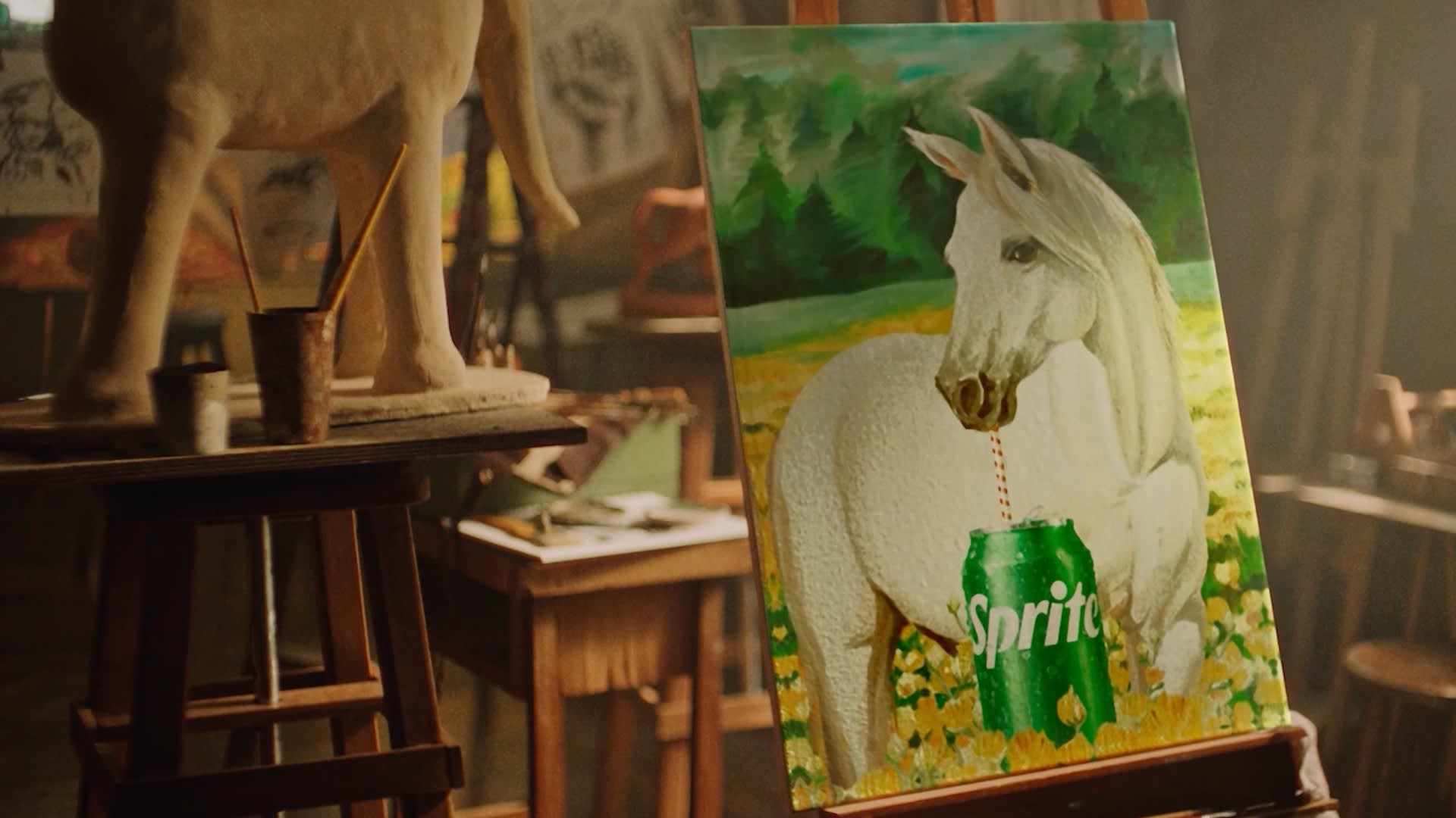 A painting on an easel shows a white horse in a field, drinking from a green Sprite can with a straw. A horse sculpture is nearby, and the background features more art in a cozy studio.