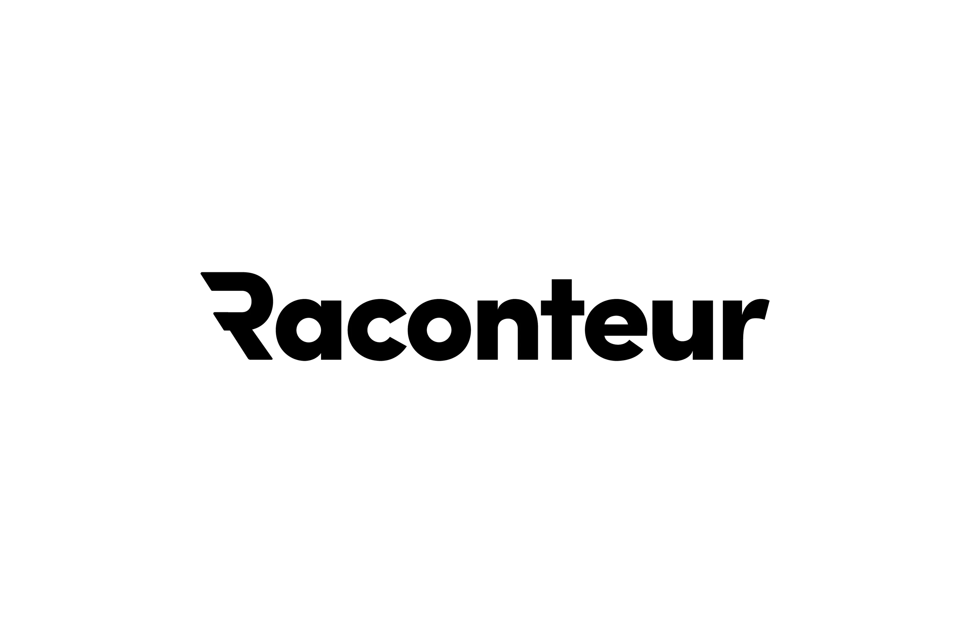 The word Raconteur is displayed in bold, black, modern sans-serif font on a white background, with the letter R stylized in a unique design.