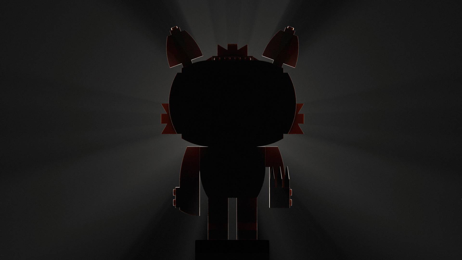 A silhouetted vinyl toy figure with animal-like ears and spiky details stands against a dark background, with rays of light shining outwards from behind it.