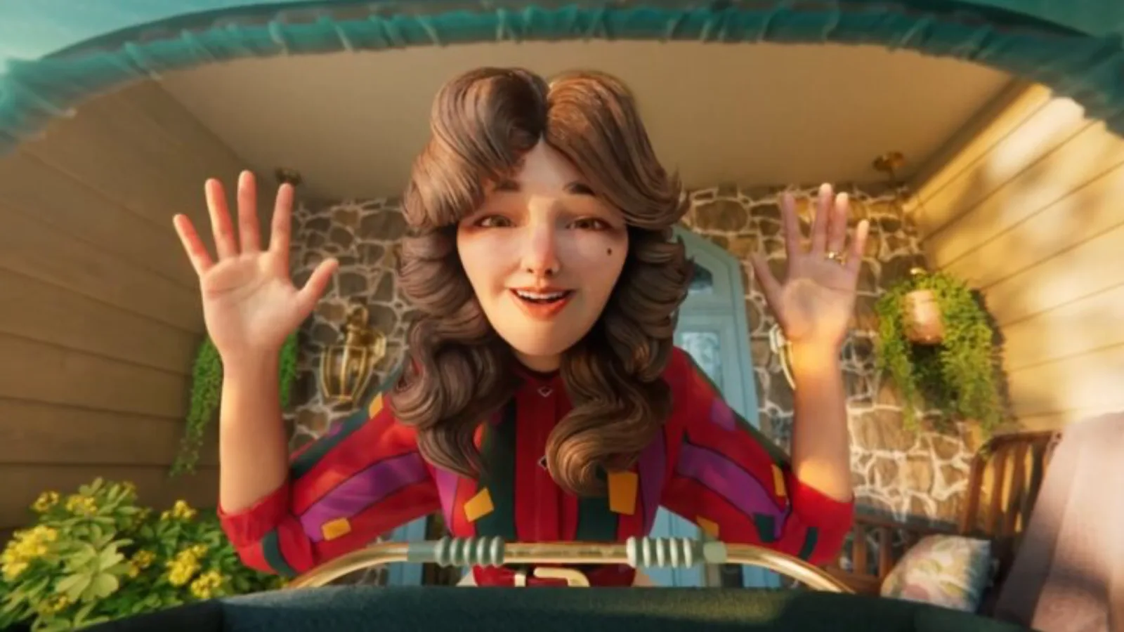 A smiling animated woman with wavy brown hair and a red striped shirt leans over a stroller, holding her hands up, viewed from the babys perspective on a sunny porch.