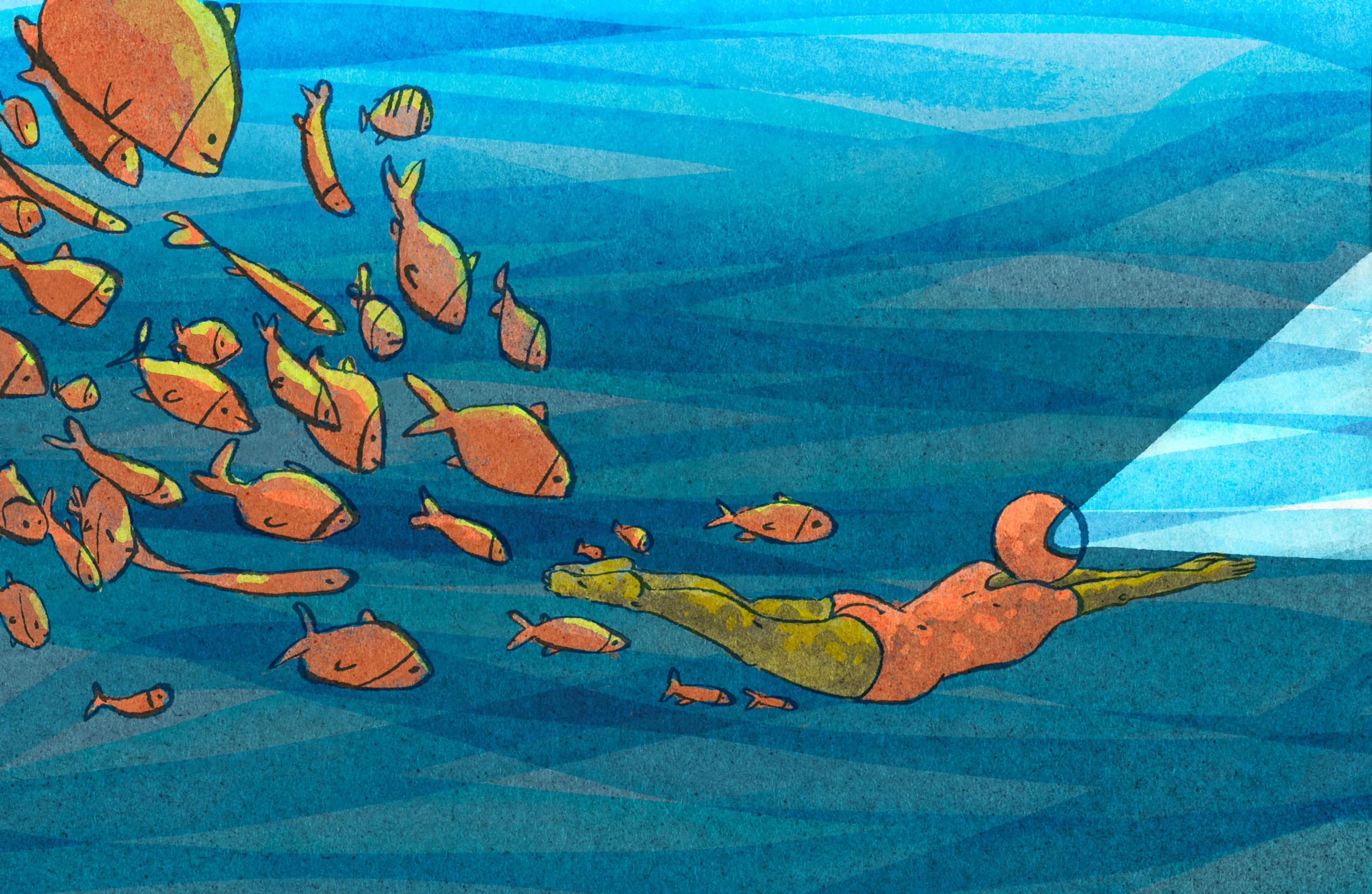 An illustration of a diver swimming under the sea with a group of fish following them. The diver is wearing a helmet with a light on it which is guiding the way.