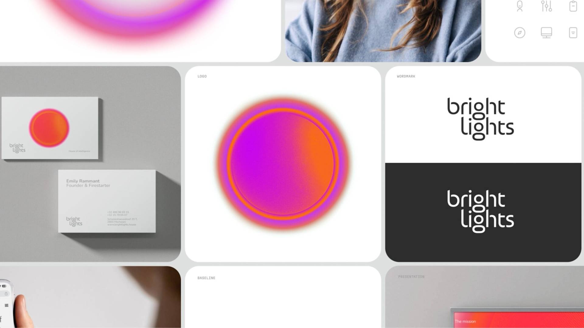 A collage showcasing branding materials for bright lights, including business cards, a colorful circular logo with pink, orange, and purple hues, and digital mockups featuring modern, minimalist designs.