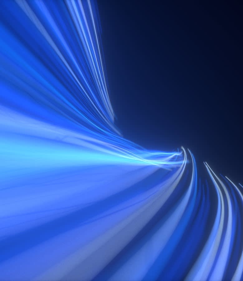 Abstract digital art showing flowing blue and white light streaks curving across a dark background, creating a sense of motion and energy.
