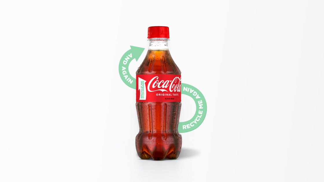 A Coca-Cola bottle with condensation is shown upright on a white background. A green arrow around the bottle reads, RECYCLE ME AGAIN AND AGAIN.