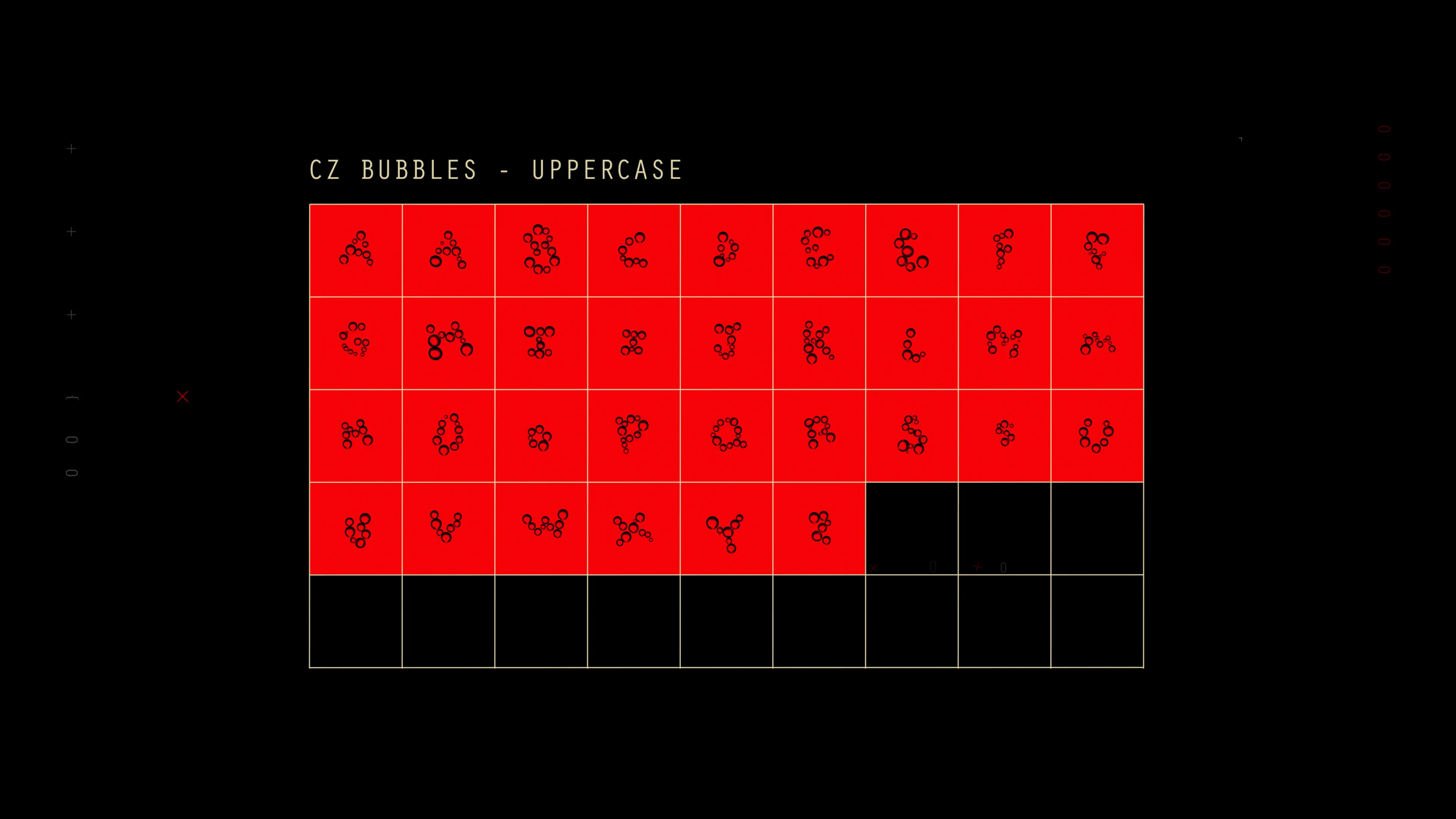 A red grid displays the CZ Bubbles uppercase alphabet, with each letter formed by small black circles and lines arranged differently in each cell. CZ BUBBLES - UPPERCASE is written at the top left.