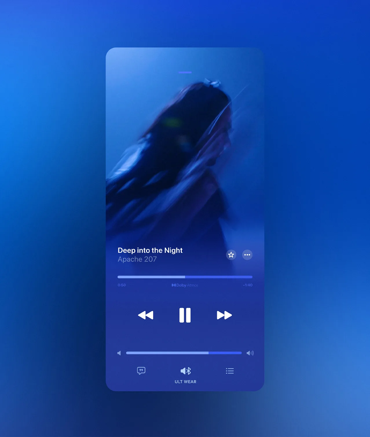 A digital music player interface displays Deep into the Night by Apache 207, with playback controls and a blurred, blue-toned image of a person in the background. The screen has a modern, sleek design on a blue gradient background.