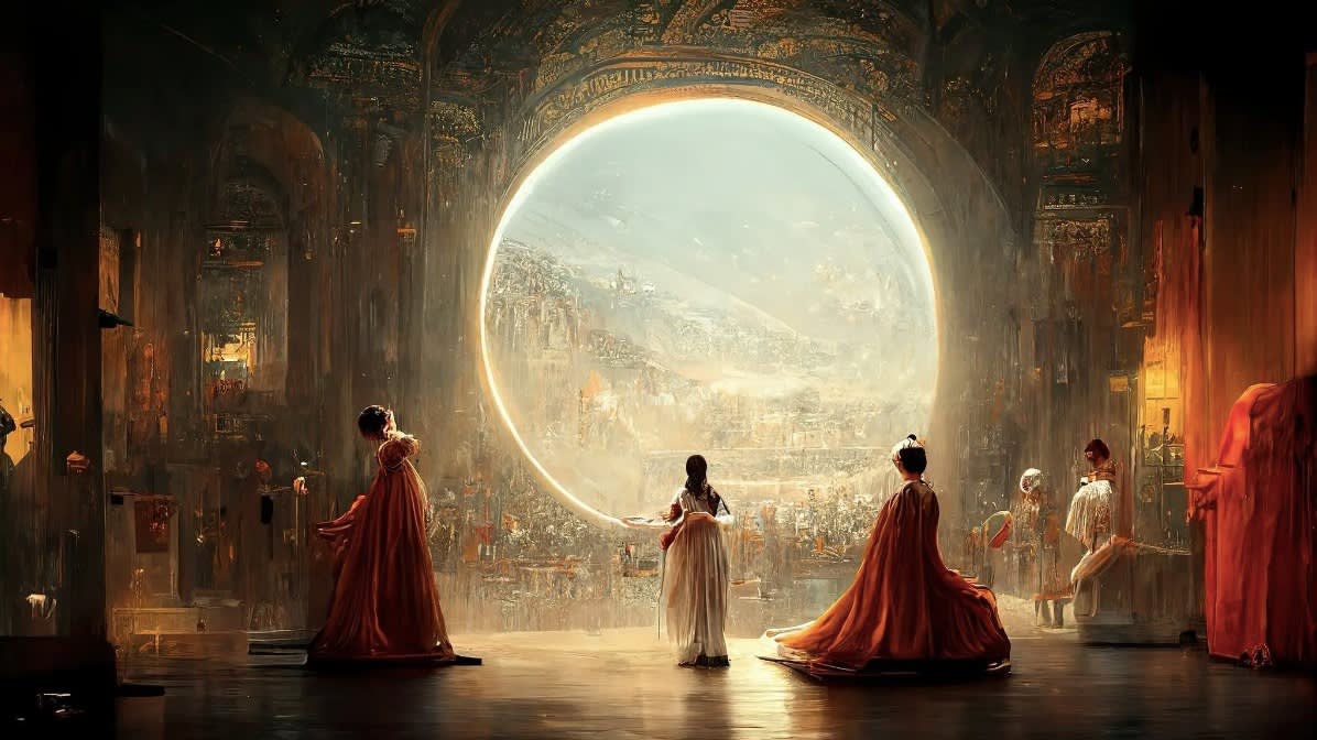 Four elegantly dressed figures stand in a grand, ornate hall before a glowing circular portal that reveals a fantastical, vibrant cityscape beyond, blending elements of fantasy and historical styles.