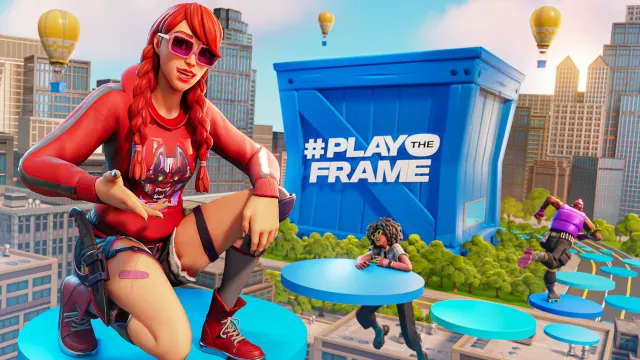 A red-haired character in sunglasses poses on a floating blue platform above a city, with two other characters nearby. A large blue crate labeled #PLAY THE FRAME and several hot air balloons appear in the background.