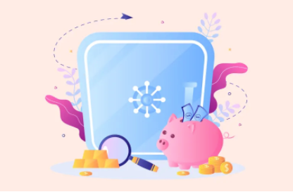 Illustration of a large safe, a piggy bank with money, gold bars, coins, and a magnifying glass, symbolizing savings, wealth, and financial security. Decorative leaves and shapes are in the background.