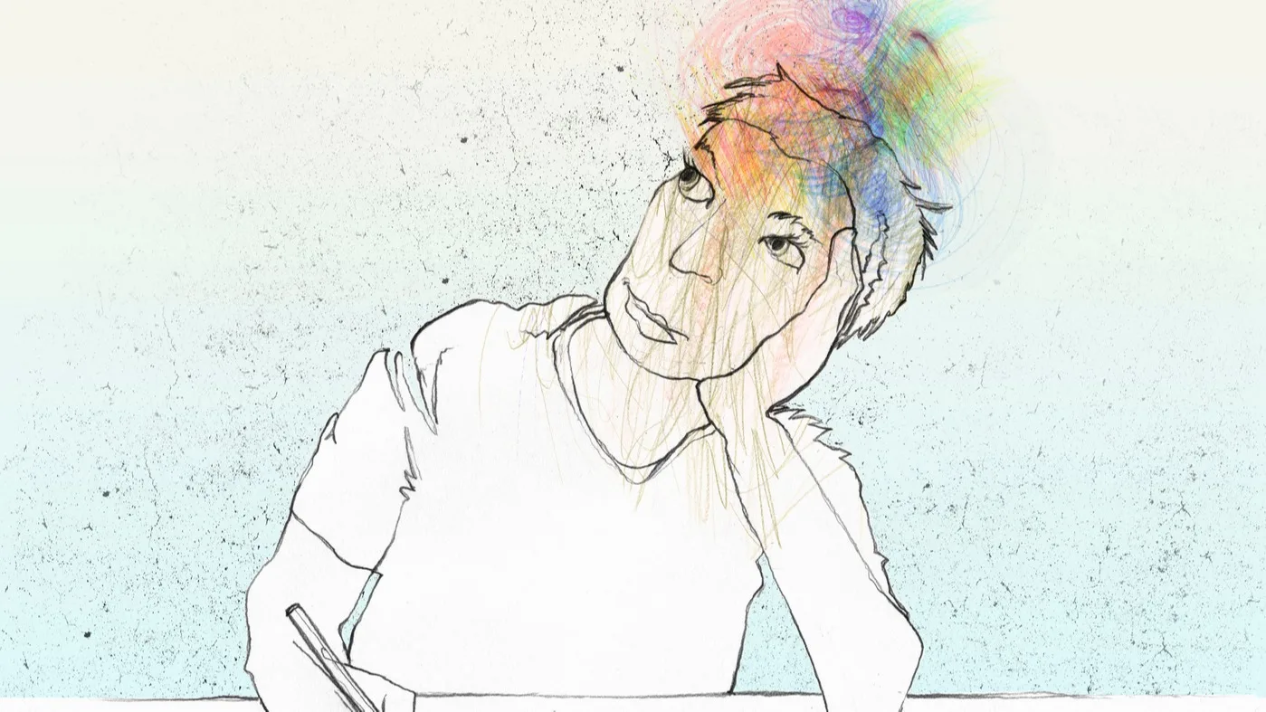 A sketch of a person sitting at a table, leaning their head on one hand while holding a pencil. Colorful scribbles emerge from their head, suggesting imagination or creative thinking.