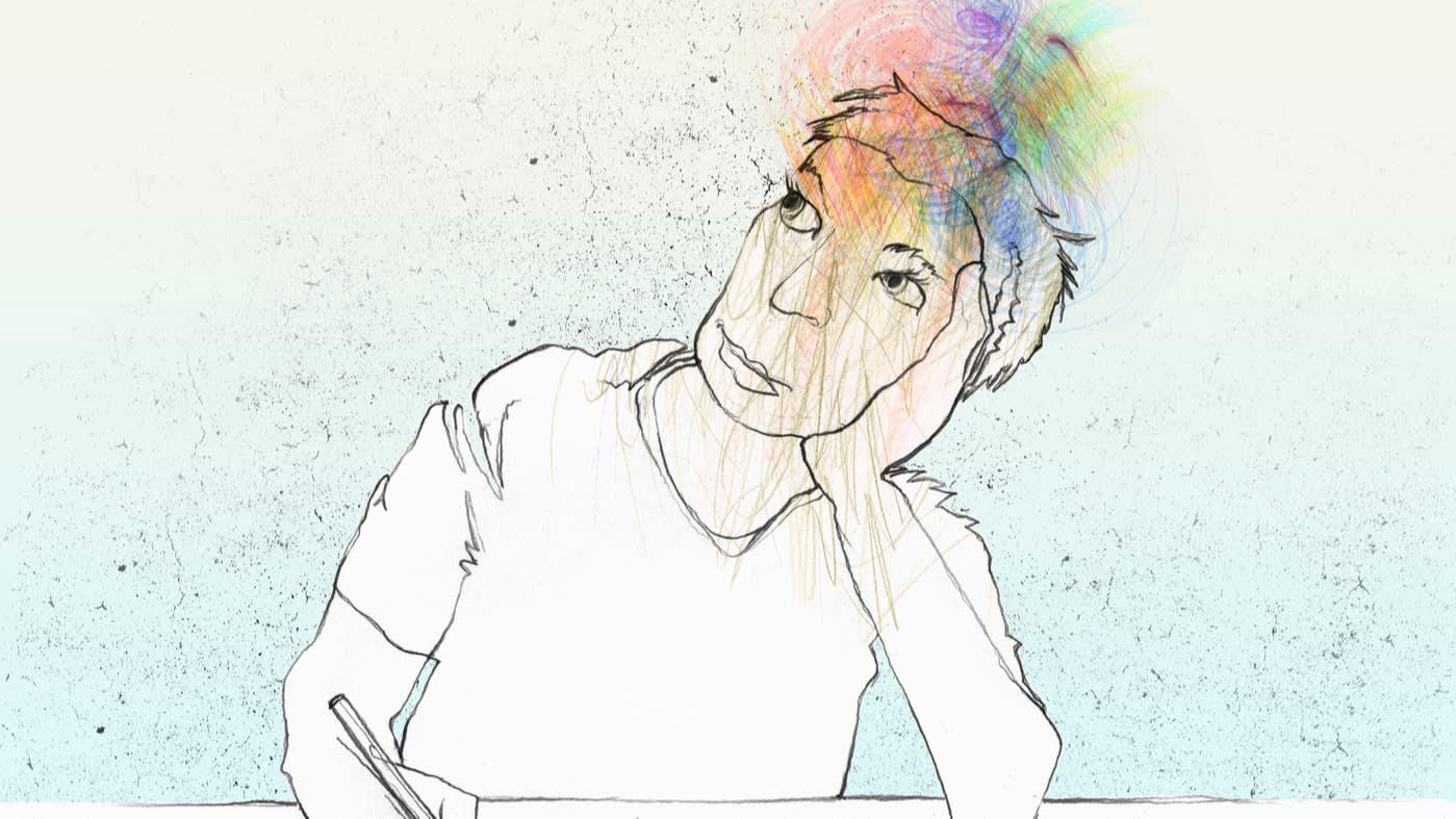 A sketch of a person sitting at a table, leaning their head on one hand while holding a pencil. Colorful scribbles emerge from their head, suggesting imagination or creative thinking.