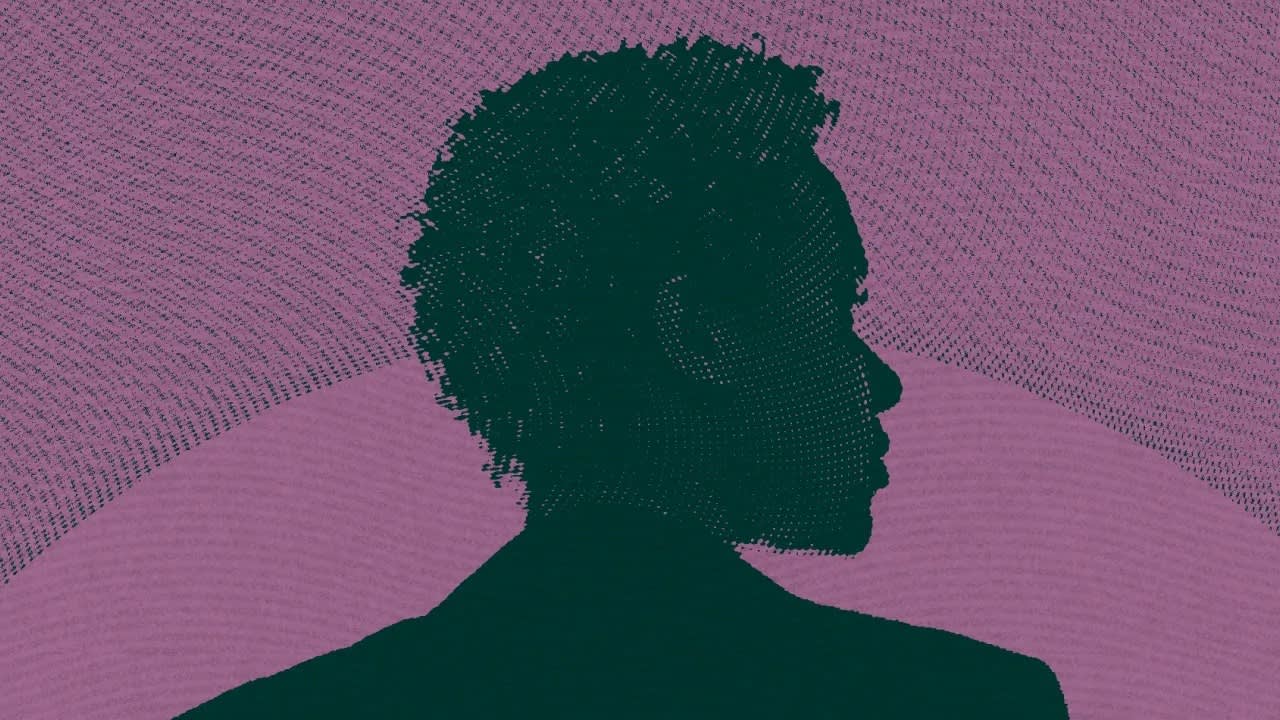 A digital illustration of a persons silhouette with short curly hair, shown in profile facing right, against a textured purple background with concentric circular patterns.