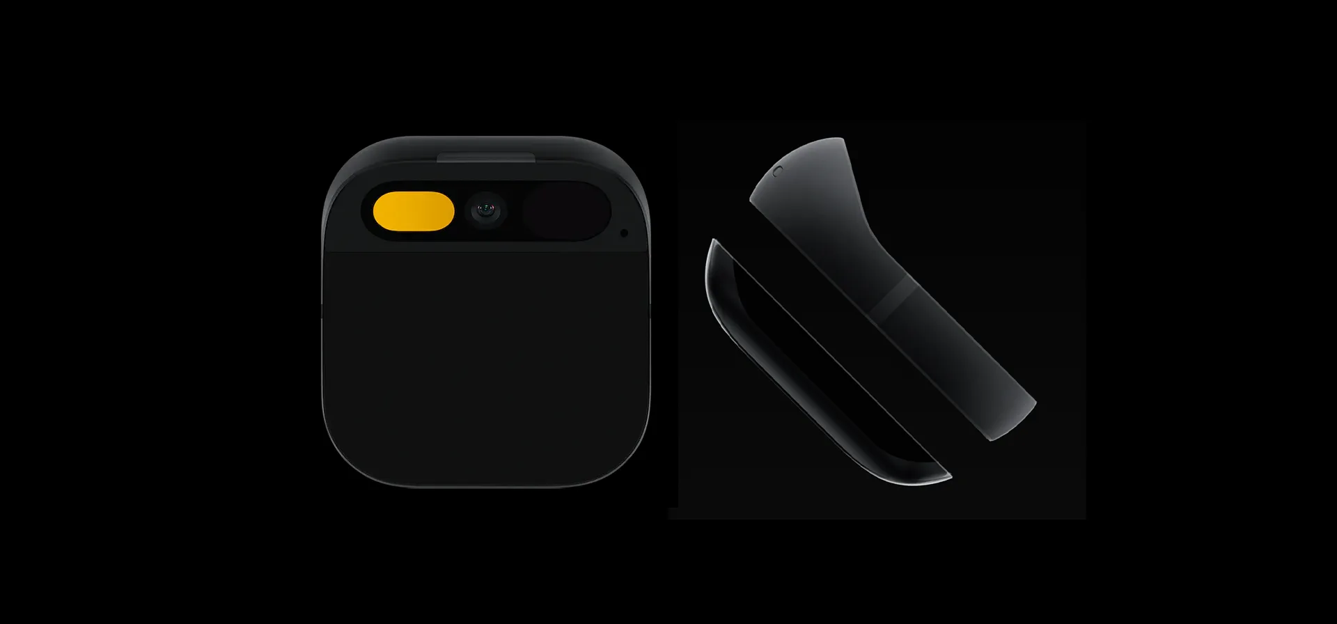 A sleek, black electronic device with a yellow and black dual-lens camera, shown next to a side view revealing its curved, minimalist design and glossy finish.