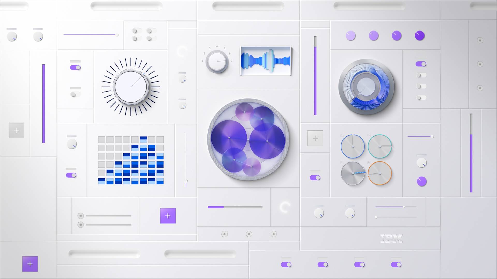 A futuristic control panel with white and purple dials, knobs, buttons, graphs, and circular displays arranged in a geometric pattern on a clean, white background.