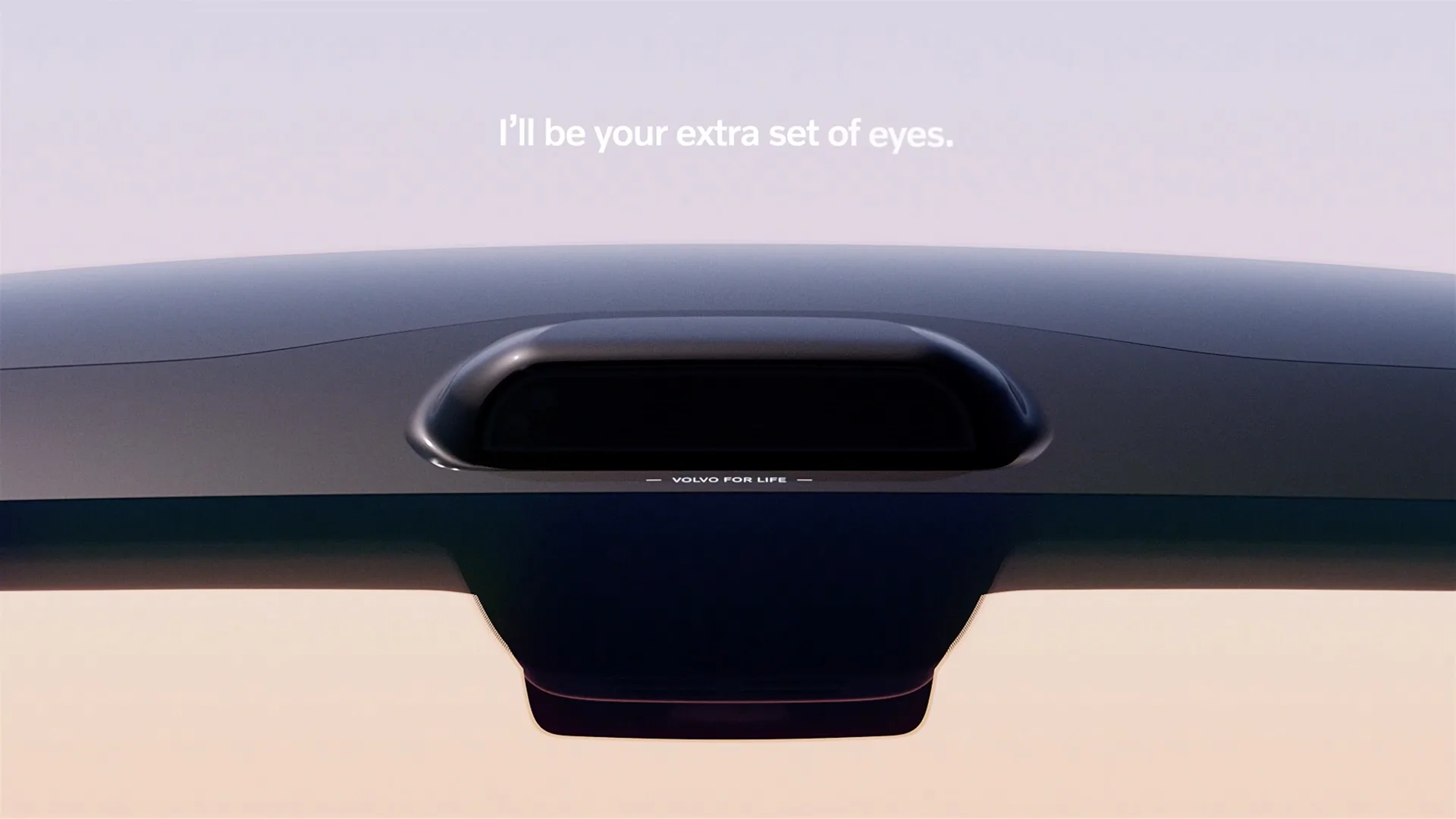 A close-up of a cars rear camera with the text I’ll be your extra set of eyes above it, against a soft gradient background.
