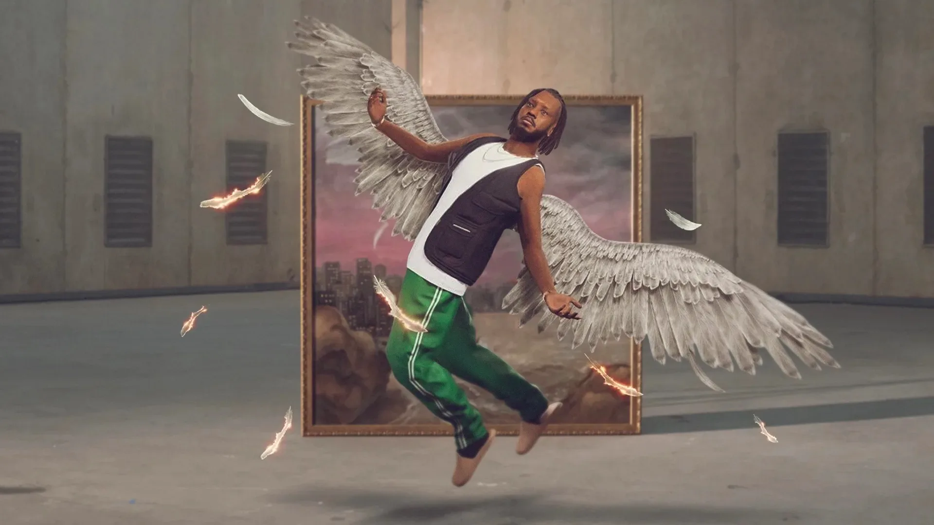 A man with angel wings floats in front of a large picture frame, barefoot, in a spacious room. Feathers and small flames surround him, and the background features a cityscape painting.