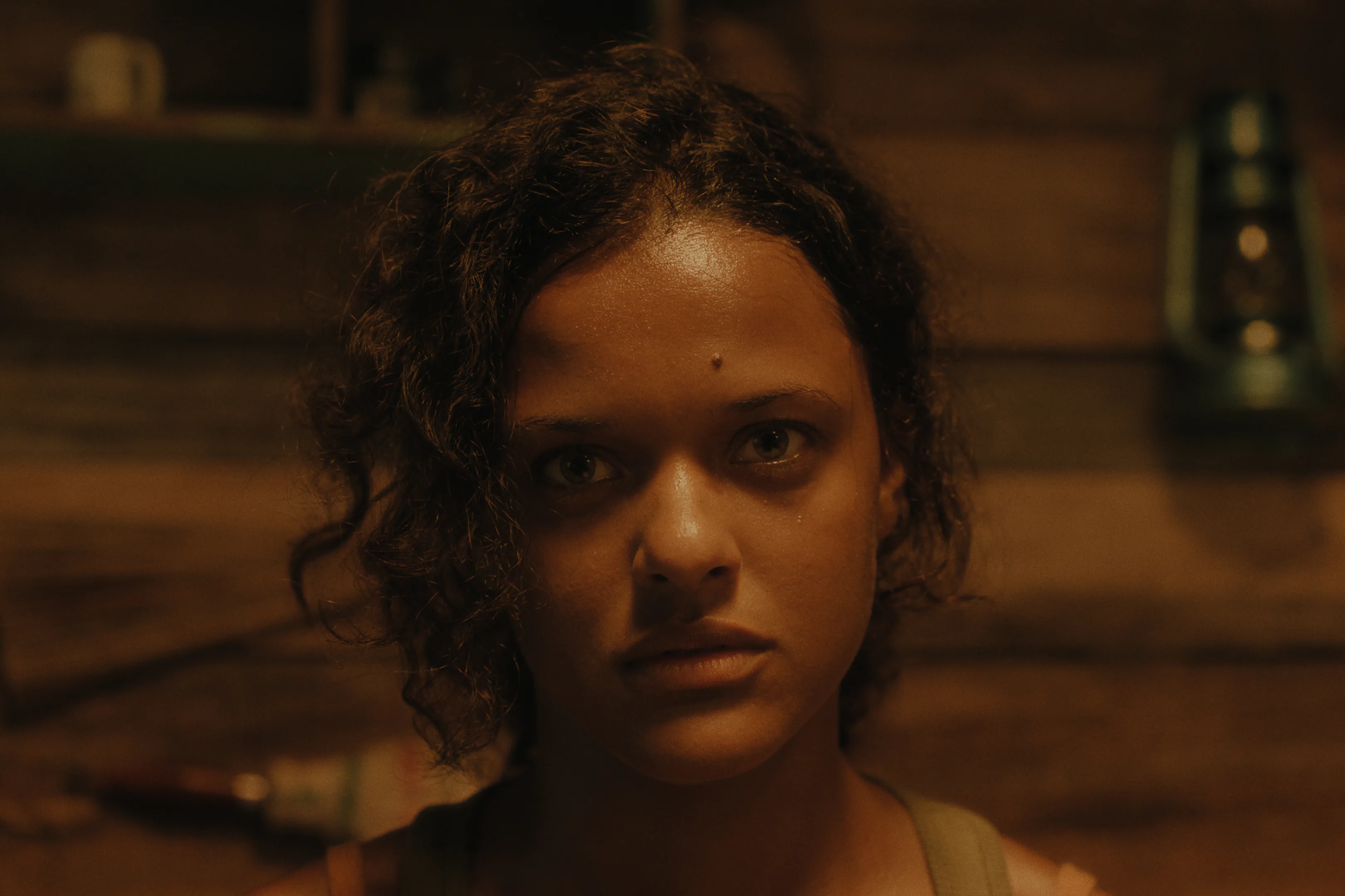 A young person with curly brown hair and intense gaze looks directly at the camera in warm, dim lighting. The background features wooden walls and a lantern.