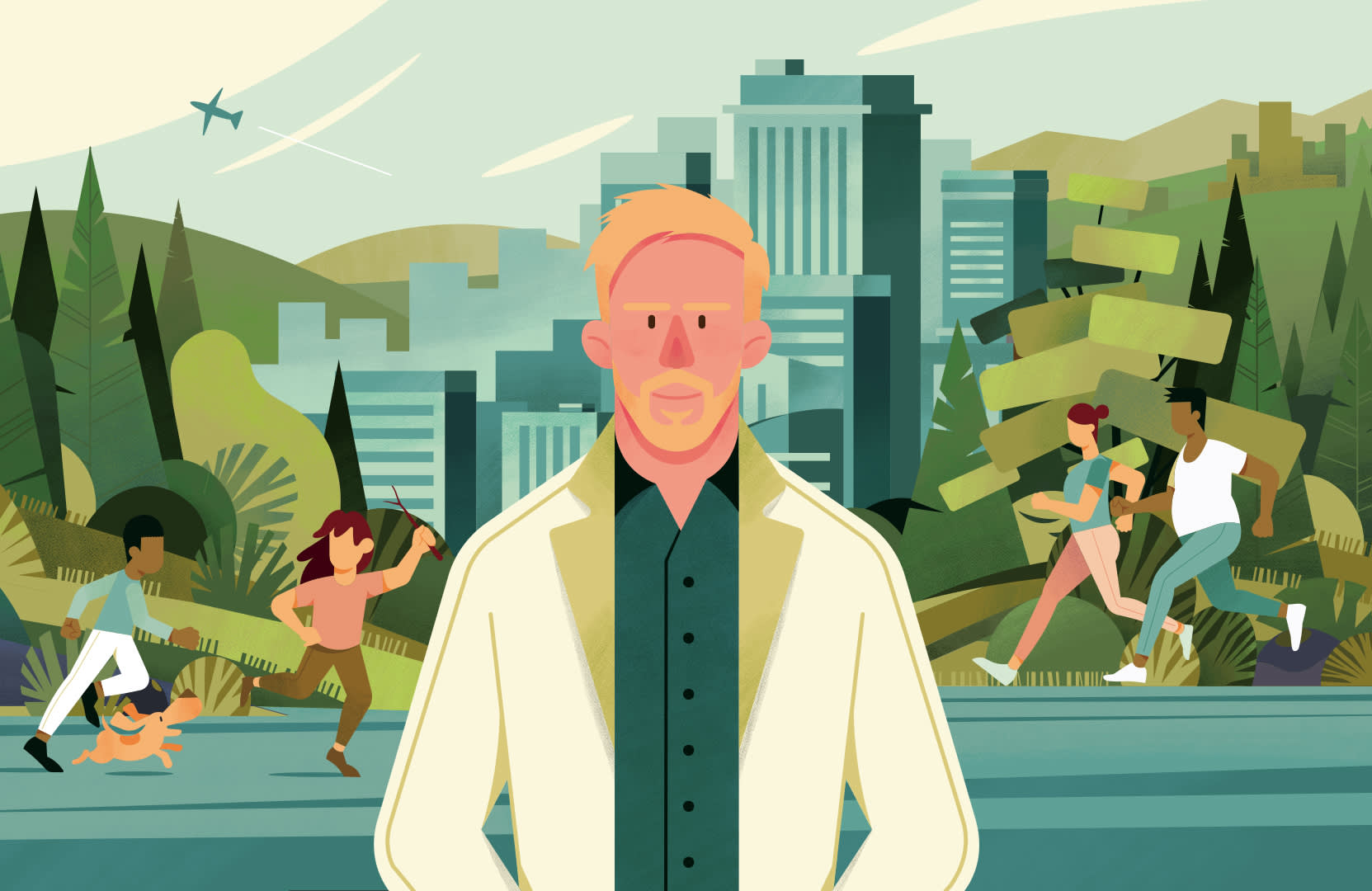 An illustrated man with blond hair and a beard stands in the foreground of a park with city buildings in the background. People jog, walk dogs, and exercise among trees and greenery under a bright sky.