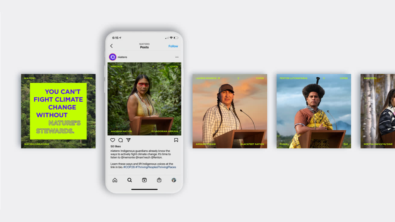 A row of images featuring Indigenous leaders, with an Instagram post on a phone in the center. The leftmost image says, “You can’t fight climate change without nature’s stewards.” Other images show individuals speaking or posing outdoors.