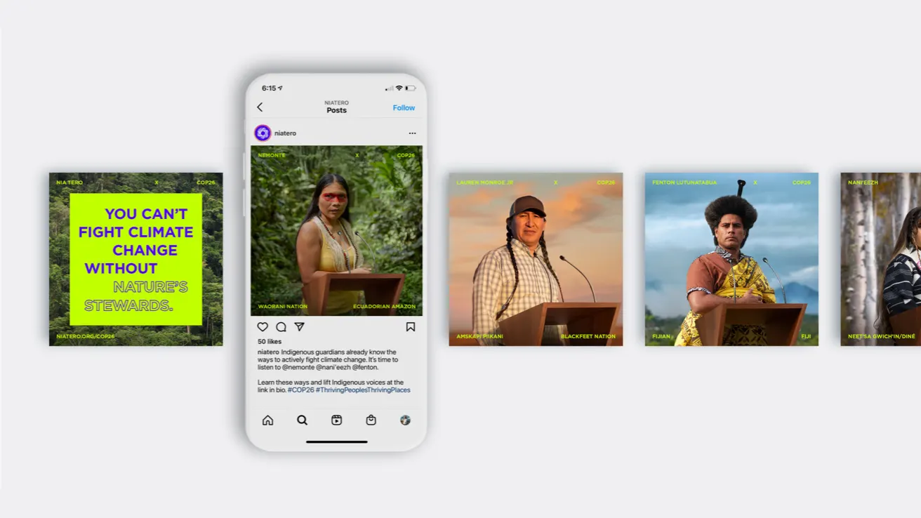 A row of images featuring Indigenous leaders, with an Instagram post on a phone in the center. The leftmost image says, “You can’t fight climate change without nature’s stewards.” Other images show individuals speaking or posing outdoors.