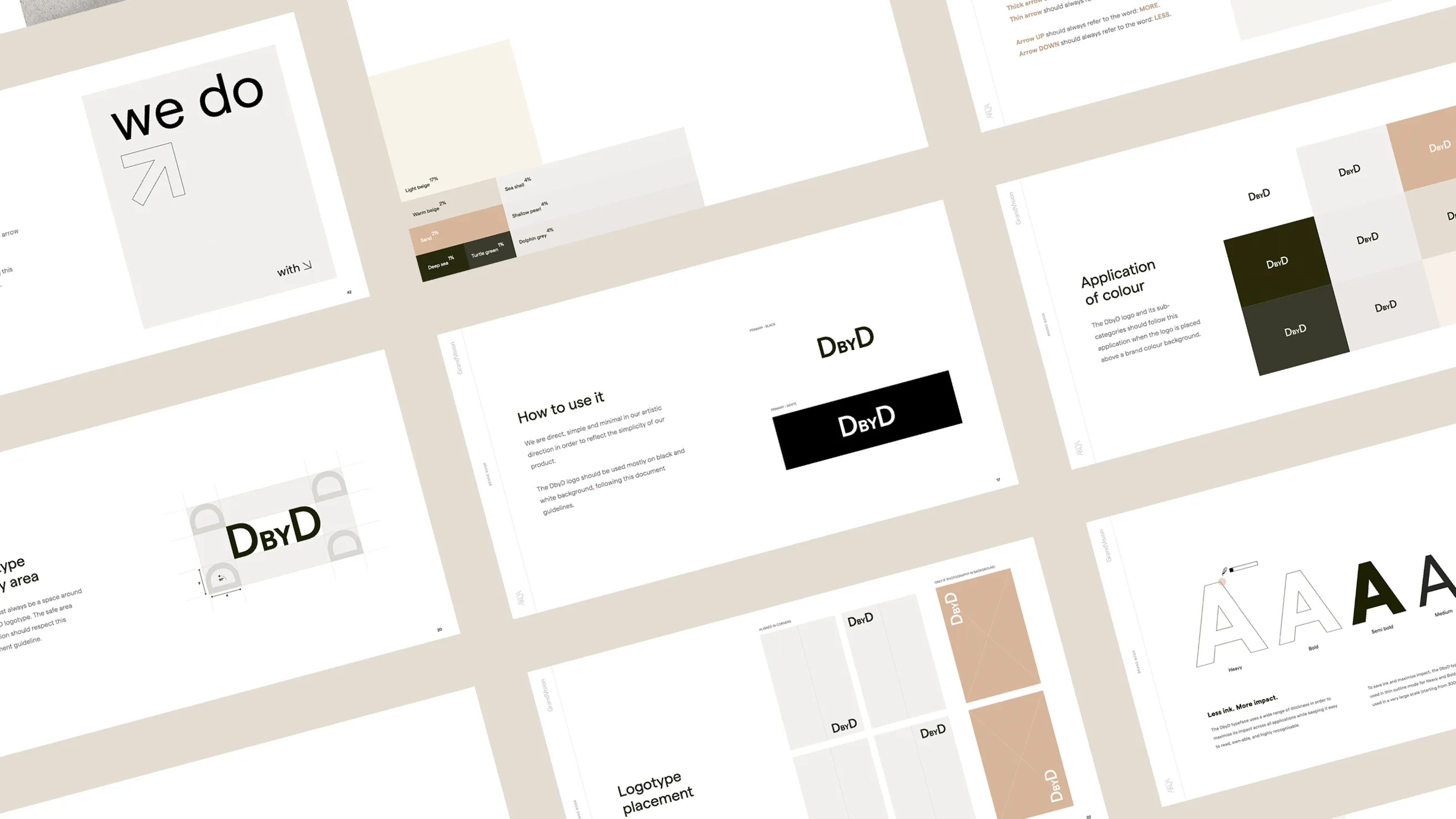 A flat lay of design guideline slides featuring typography, color palettes, logo usage, and branding elements in neutral tones of beige, black, and white.