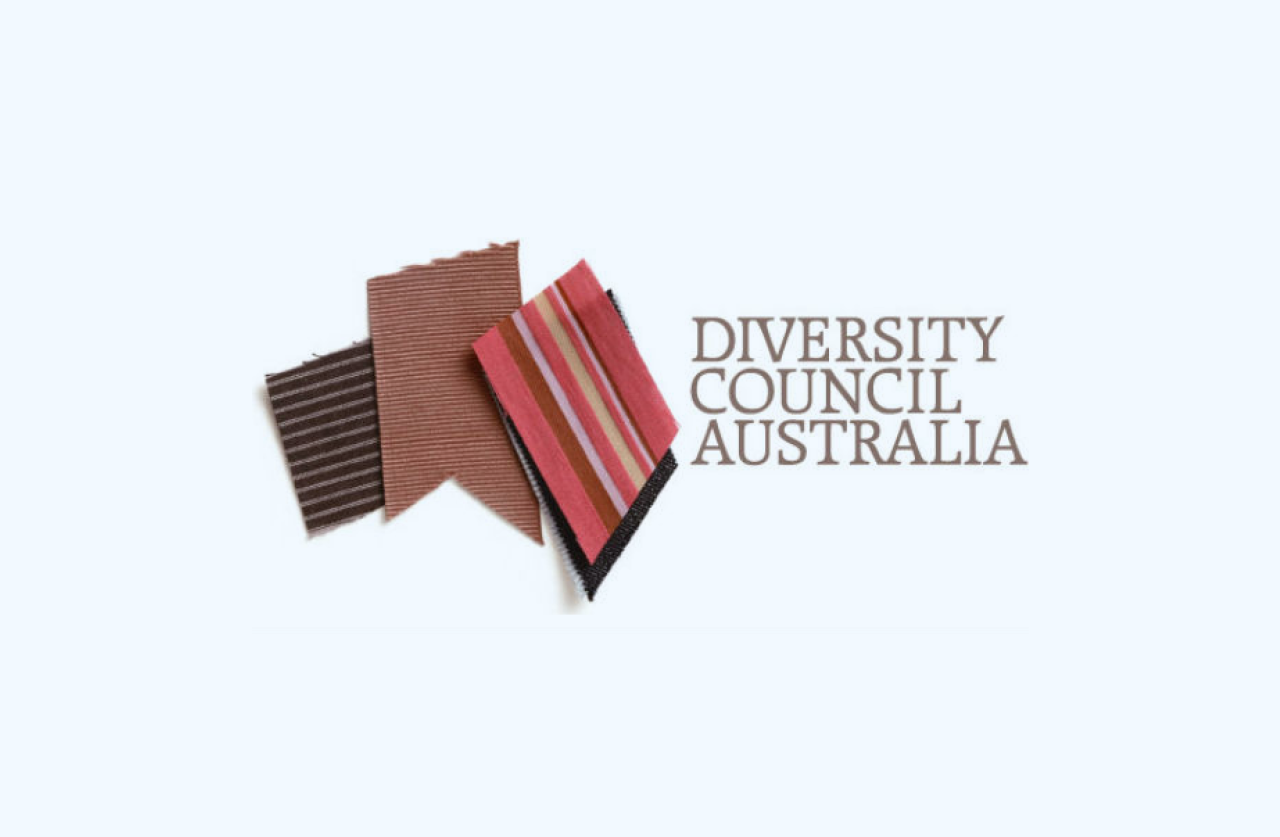 Three overlapping fabric swatches in brown and red tones next to the text Diversity Council Australia on a light background.