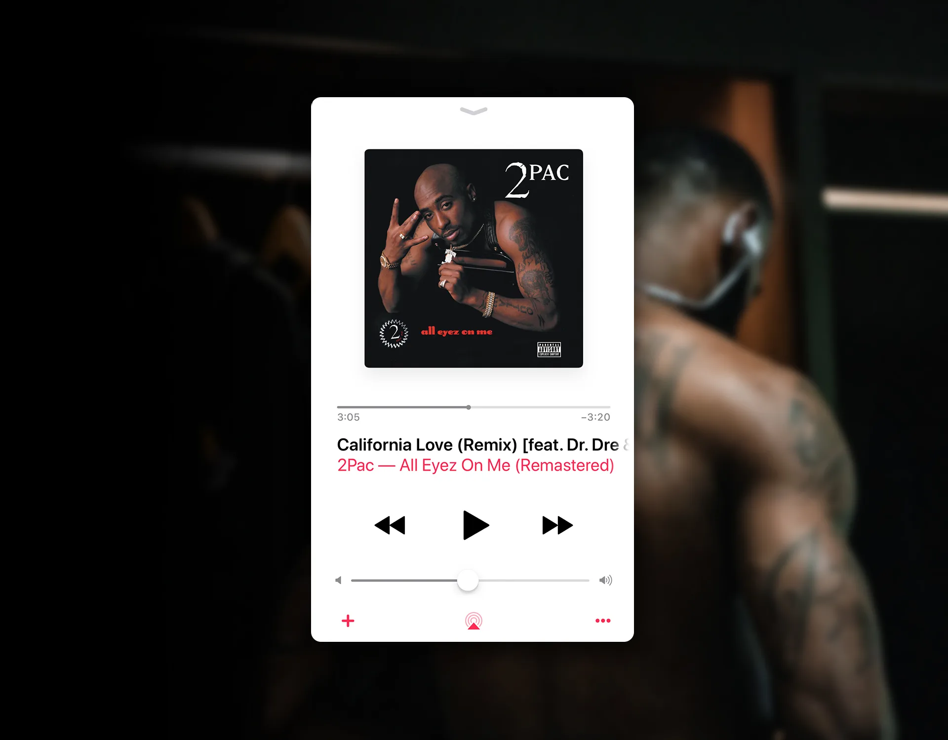 A music player interface displays 2Pac’s “California Love (Remix)” from the album “All Eyez On Me.” The album cover shows 2Pac posing with his hand displaying West Coast fingers and wearing jewelry.