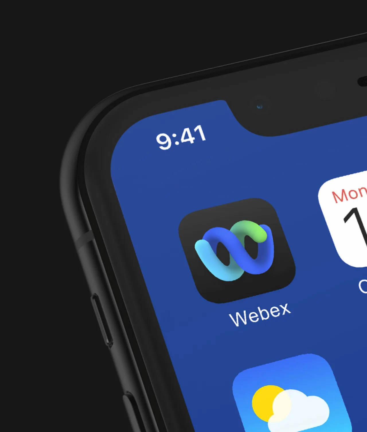 Close-up of a smartphone screen showing the Webex app icon, the Weather app icon, and the time displayed as 9:41 in the top left corner. The screen background is blue.
