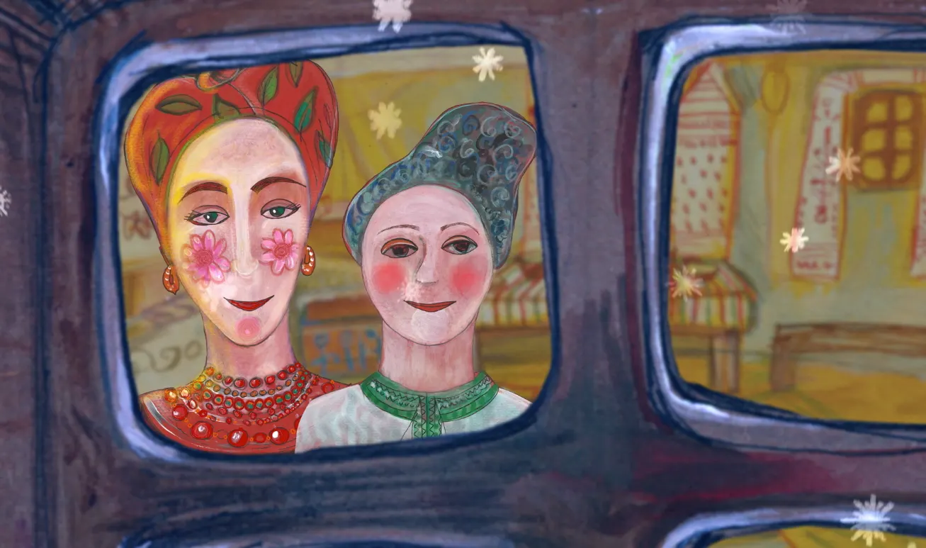 Two people with rosy cheeks and colorful headscarves, wearing decorative clothing, smile while looking through a window. The scene is illustrated in a whimsical, painted style with soft patterns and flowers.