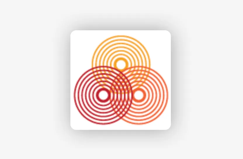 Three overlapping circles made of concentric rings in red, orange, and yellow, arranged in a triangular pattern on a white background with rounded corners.
