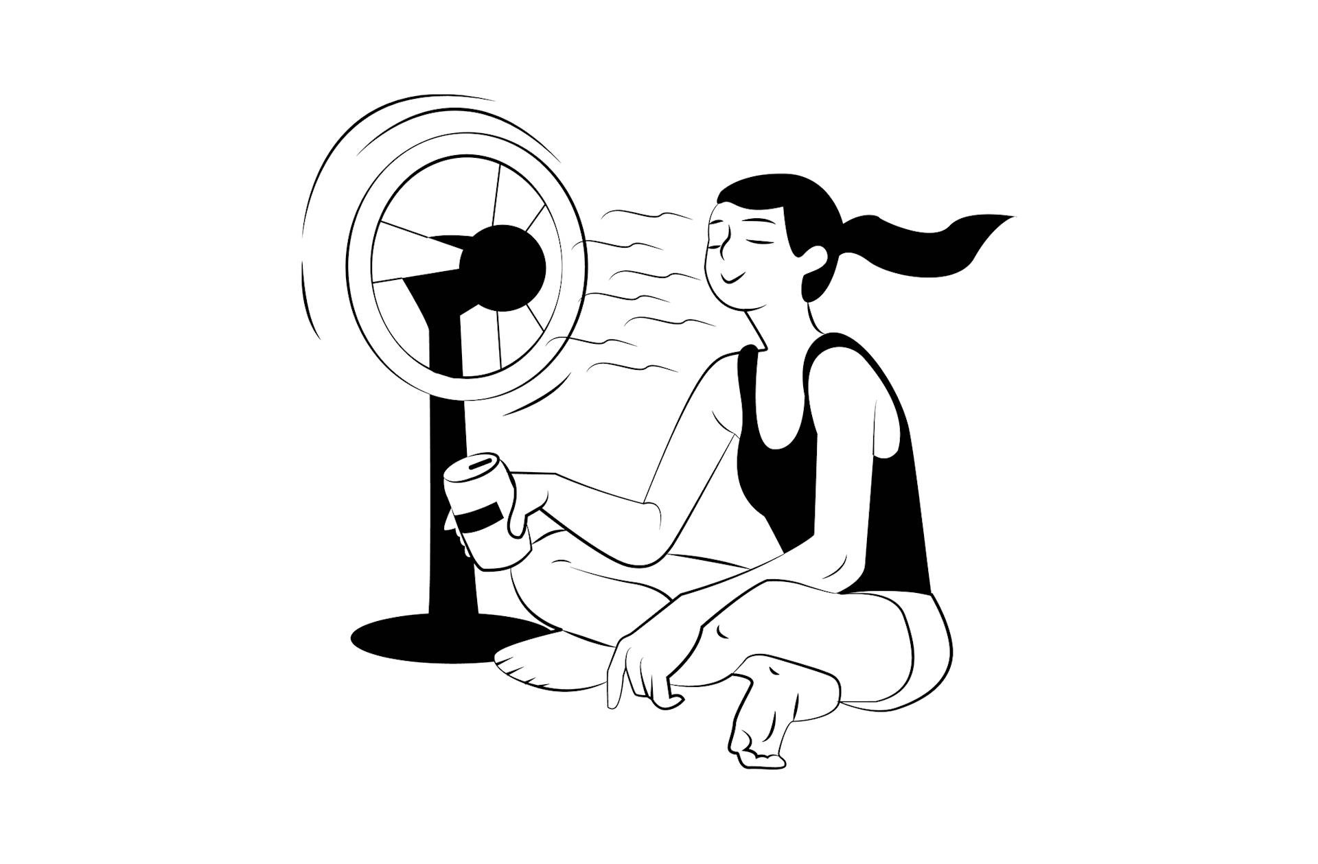 A woman sits cross-legged, holding a drink, enjoying cool air from a fan blowing toward her. She has a relaxed expression and is wearing casual summer clothing.