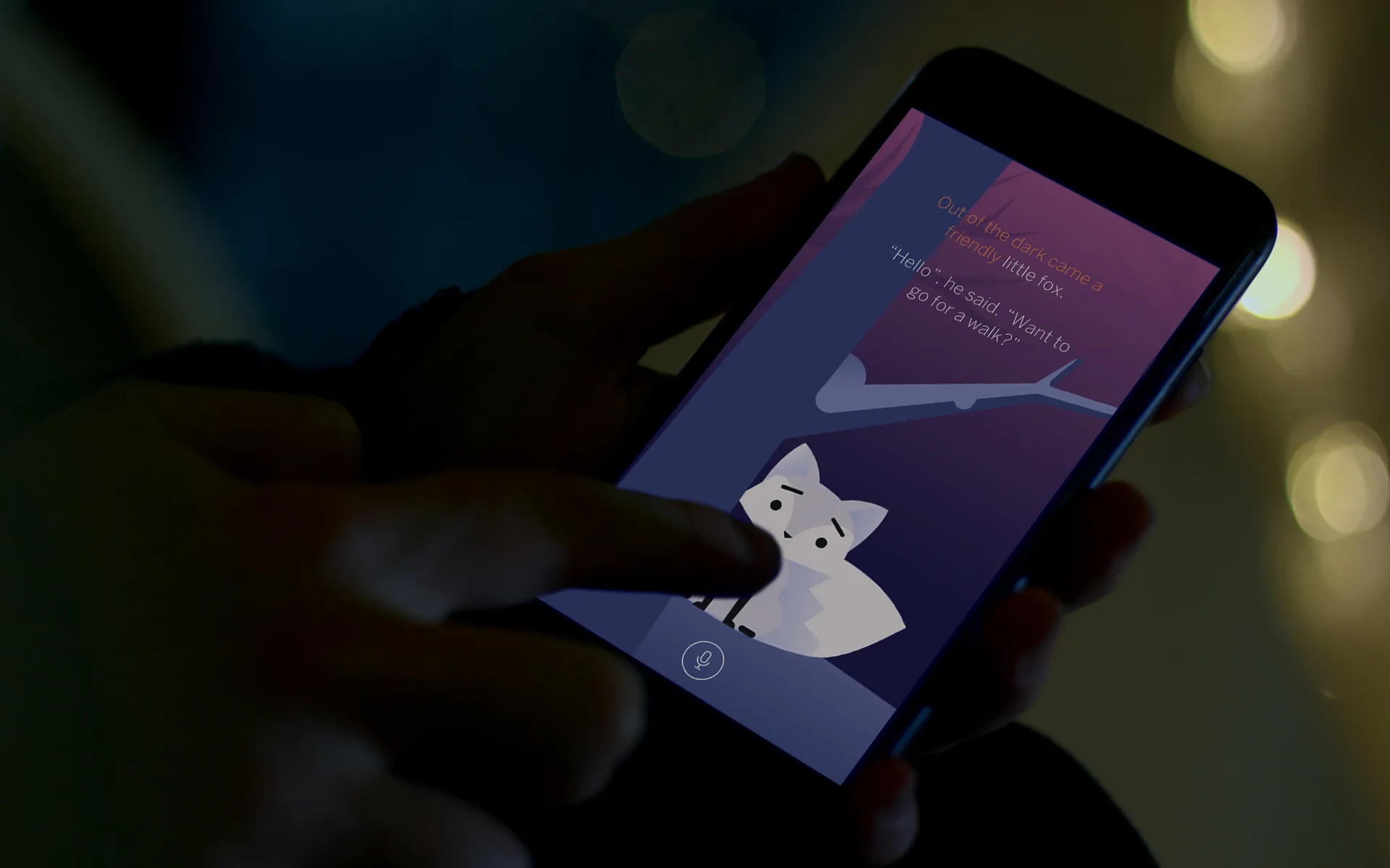 A person uses a smartphone app featuring a white cartoon fox and text on a purple background, with the users finger poised to interact with the screen.