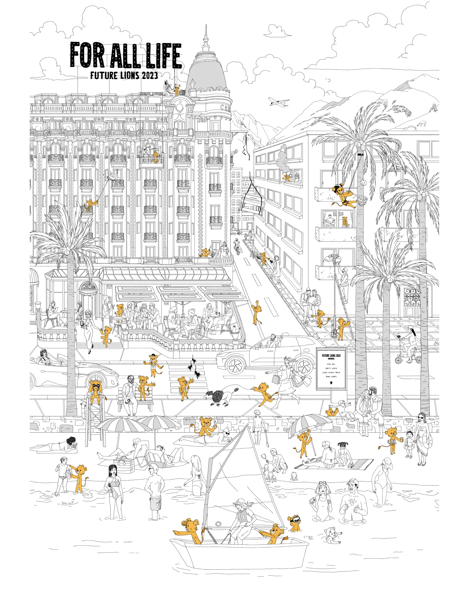 A lively city scene with playful lion mascots engaging in various activities—dancing, biking, painting, and climbing—amid city buildings, palm trees, a beach, and boats. “FOR ALL LIFE FUTURE LIONS 2023” appears at the top.
