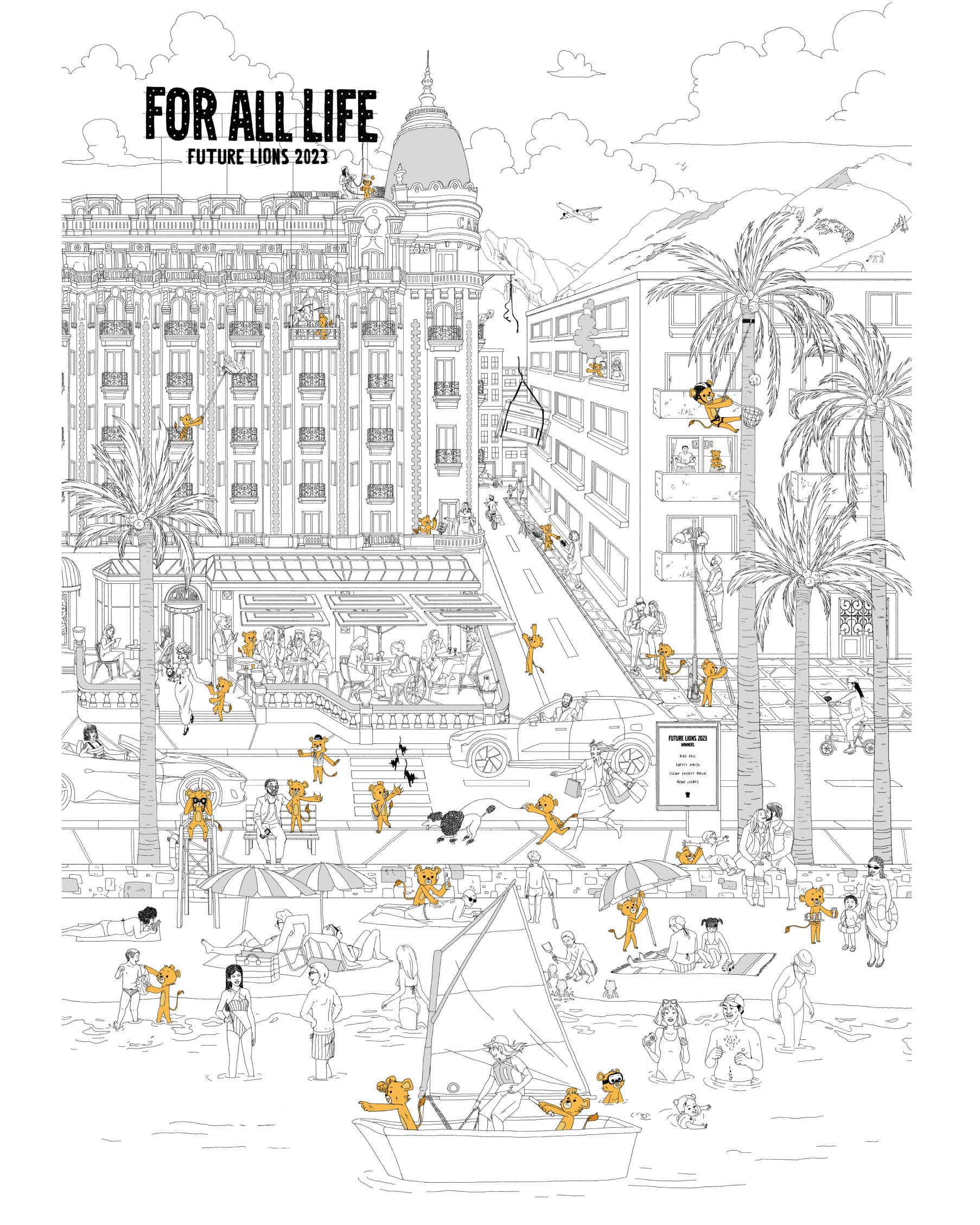 A lively city scene with playful lion mascots engaging in various activities—dancing, biking, painting, and climbing—amid city buildings, palm trees, a beach, and boats. “FOR ALL LIFE FUTURE LIONS 2023” appears at the top.