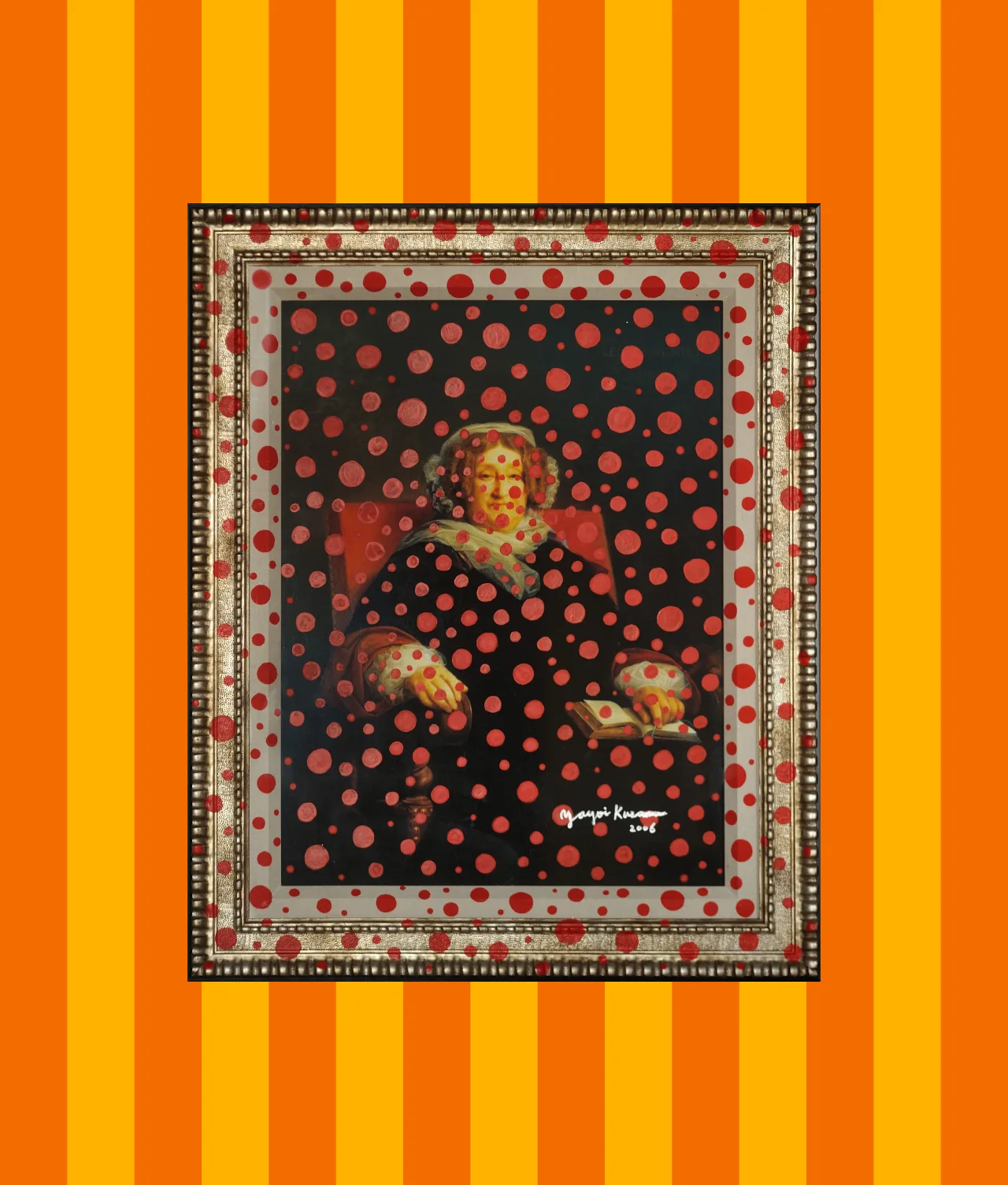 A framed classical-style portrait of a seated figure, overlaid with red polka dots, is set against an orange and yellow striped background. The dots obscure much of the figure’s face and body.