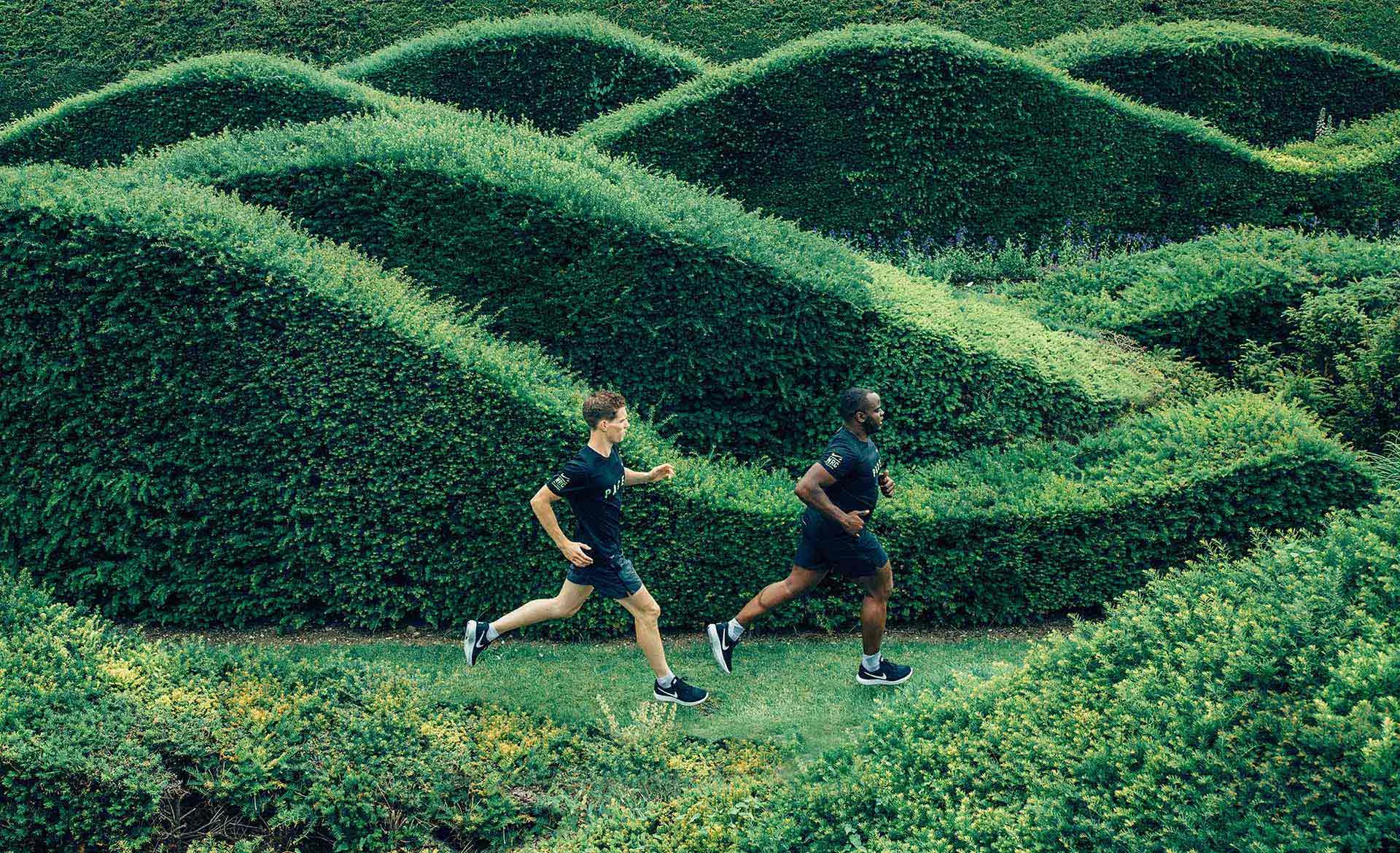 Two men in athletic wear run along a path surrounded by tall, lush, wavy green hedges that form a maze-like garden.