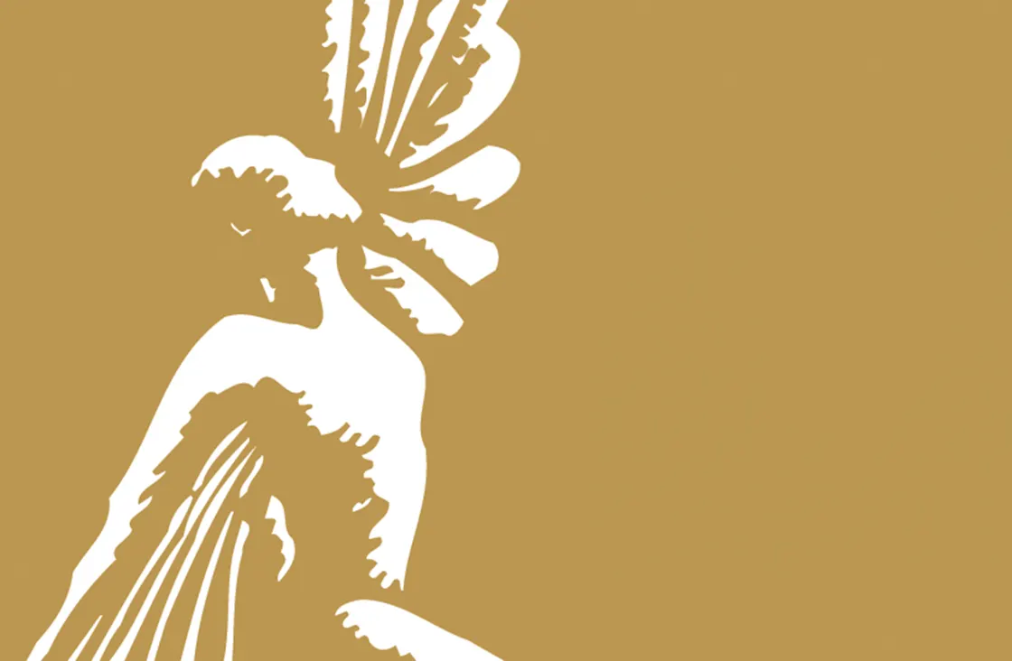Stylized white silhouette of an angel or winged figure on a gold background, positioned on the left side with wings spread and head slightly bowed; the right side is empty.