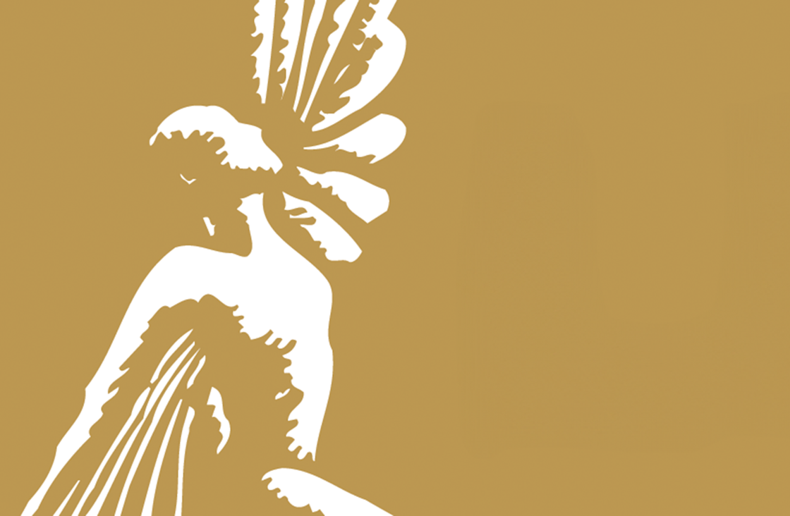 Stylised white silhouette of an angel or winged figure on a gold background, positioned on the left side with wings spread and head slightly bowed; the right side is empty.